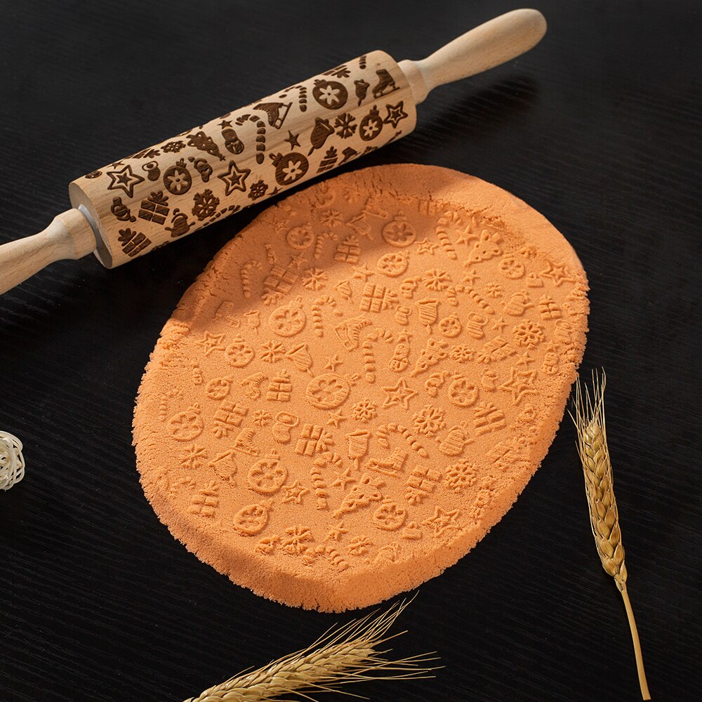 3D Christmas Rolling Pin Wooden 29 Patterns Embossed Imprinted Patterned Cookie Made Roll Pin Bakery Baking Pastry Tools