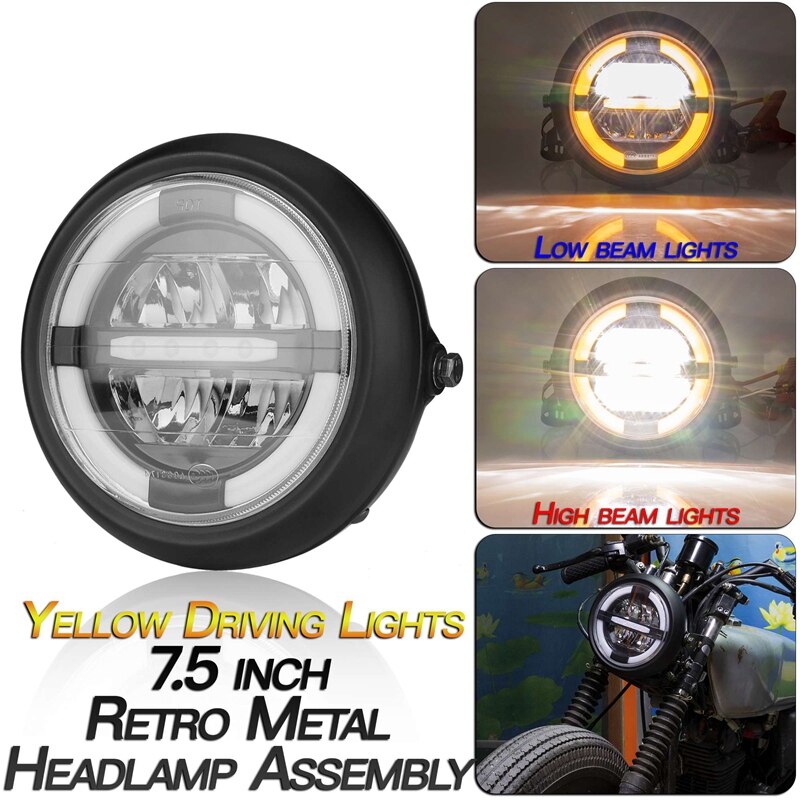 12V Universele Motorcycle Head Light Lamp 7.5 Inch Motorbike Refit Koplamp Zwarte Ronde Vergadering