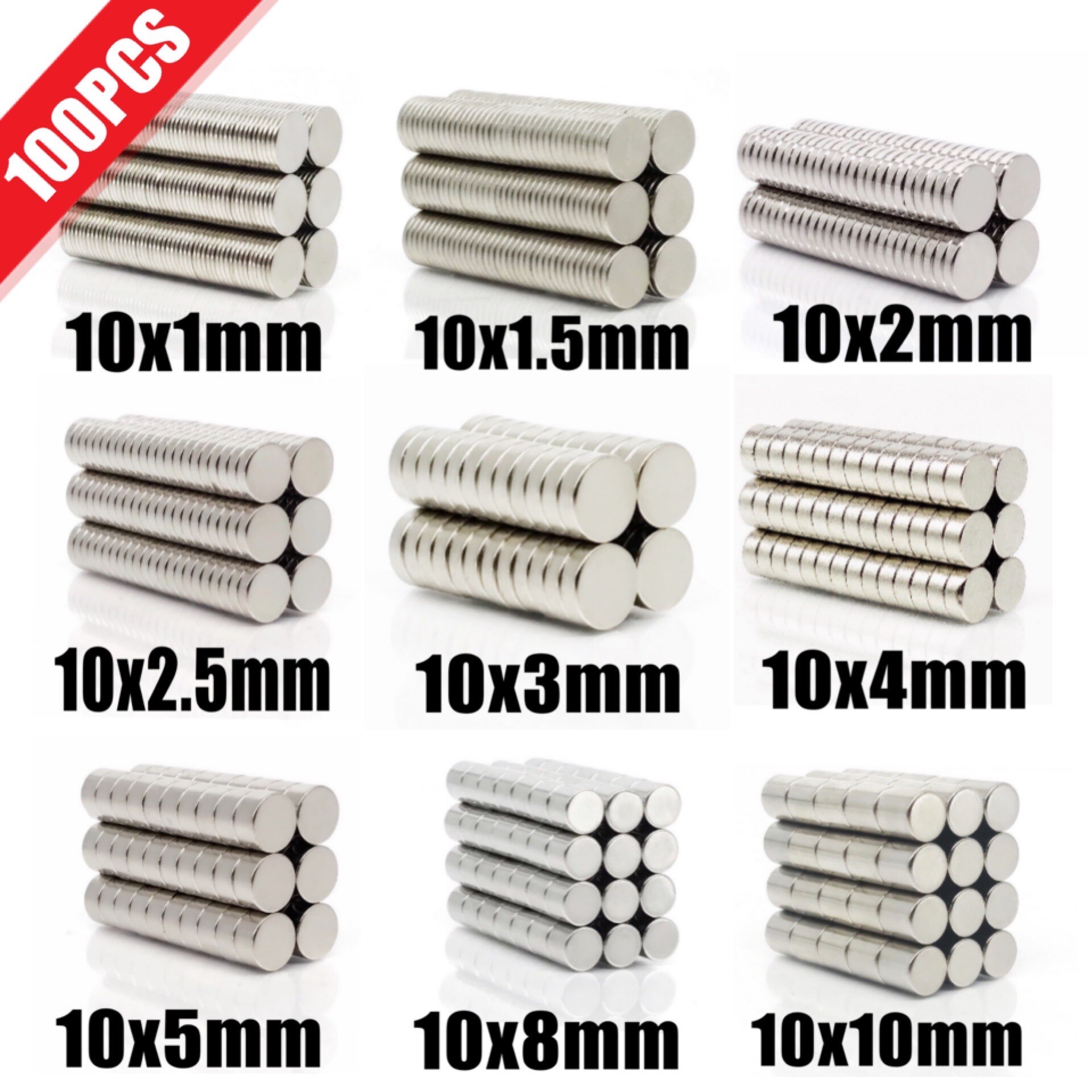 100Pcs Round Magnet 10x1 10x2 10x3 10x4 10x5 10X8 10x10 mm Neodymium Magnet Permanent NdFeB Super Strong Powerful Magnets 10X1.5