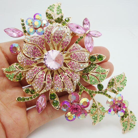Big Pink Crystal Flower Brooch Rhinestone Pin Romantic Wedding Bride Bridesmaid Large Brooches For Woman Jewelry: Light Yellow Gold Color
