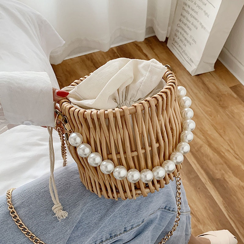 Summer Woven Straw Bags for Women Pearl Chain Round Handmade Rattan Beach Handbag Travel Bohemia Female Shoulder Crossbody Bag