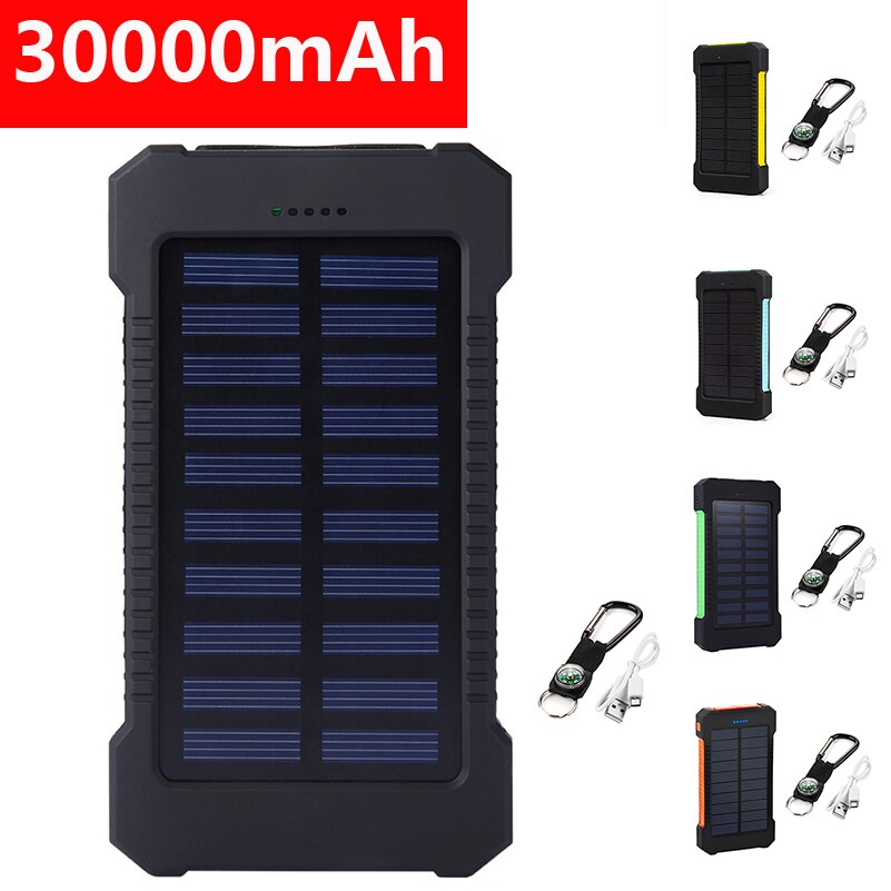 Banco de energía Solar de 30000mAh, Banco de energía Solar impermeable, USB Dual, LED, portátil, cargador de batería externa, Banco de energía para teléfonos