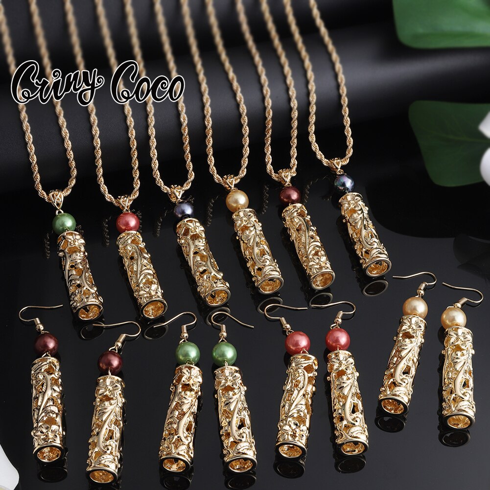 Cring Coco Earrings Necklace Set Hawaiian Polynesian Samoa Gold Hollow out Pearl Pendant Necklace Jewelry Set for Women
