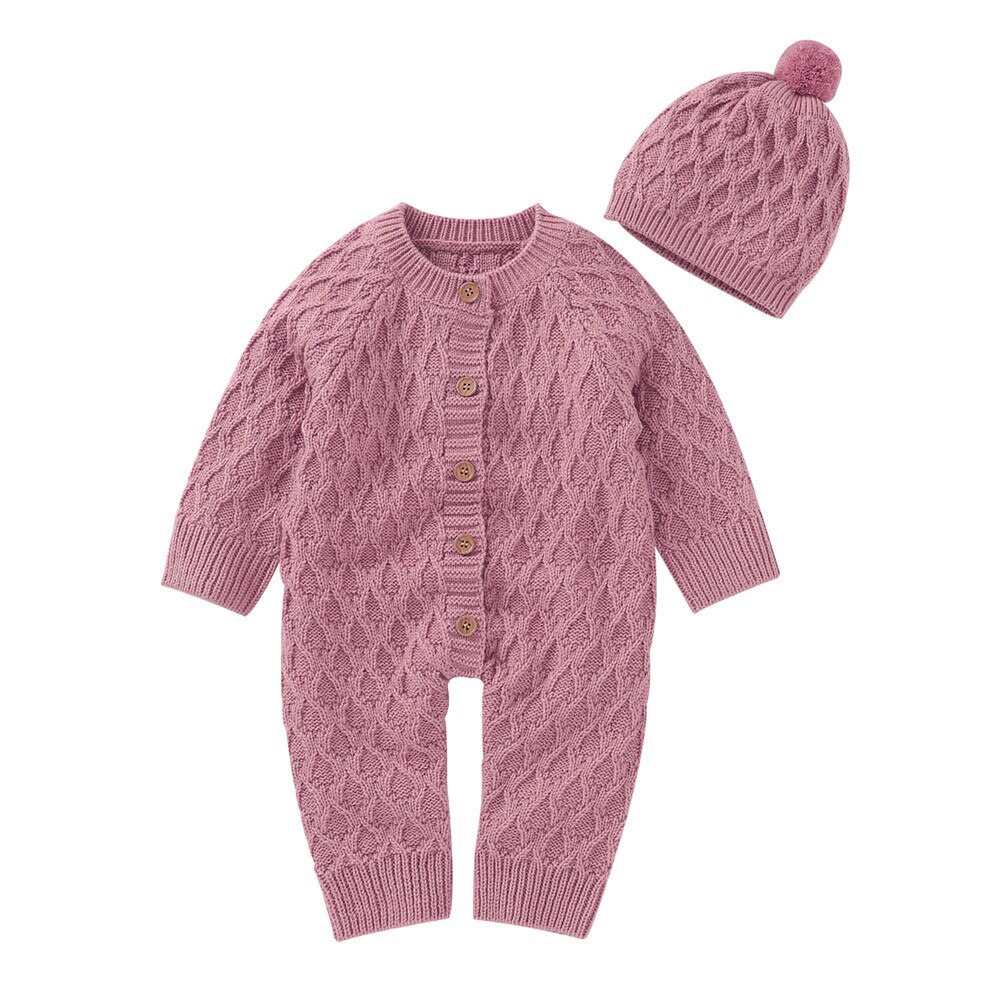 Focusnorm 0-18M Winter Baby Meisjes Jongens Trui Rompertjes Lange Mouwen Single Breasted Solid Warm Jumpsuits Hoeden: Roze / 3M