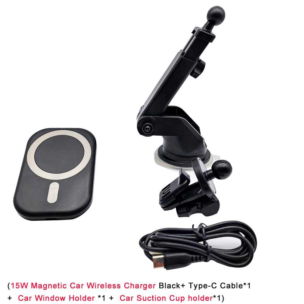 15W Magnetic Car Wireless Charger - Fast Charging Holder for iPhone 12 Series - Type-C: Black Dual Holder