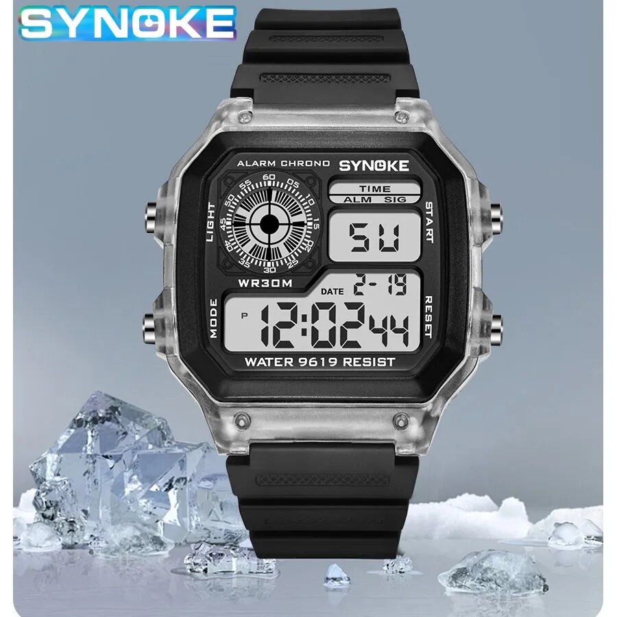 SYNOKE digitale horloges heren sport lichtgevend multifunctioneel waterdicht chrono-polshorloge buiten en hardlopen student zeven lichten: WHITE