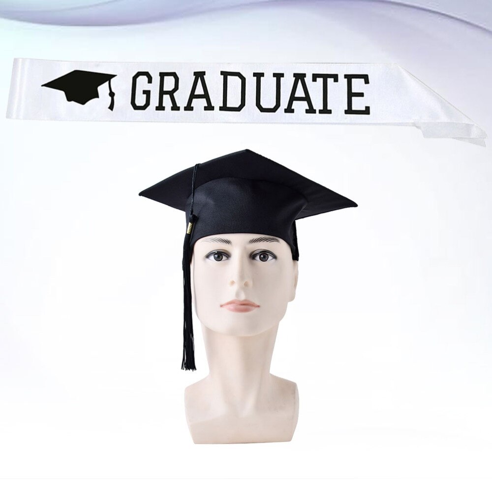 2pcs in 1 Set Graduate Hat and Letter Printing Sash Set Decoration Graduation Hat Etiquette Belt Set Graduation Party Dress Up