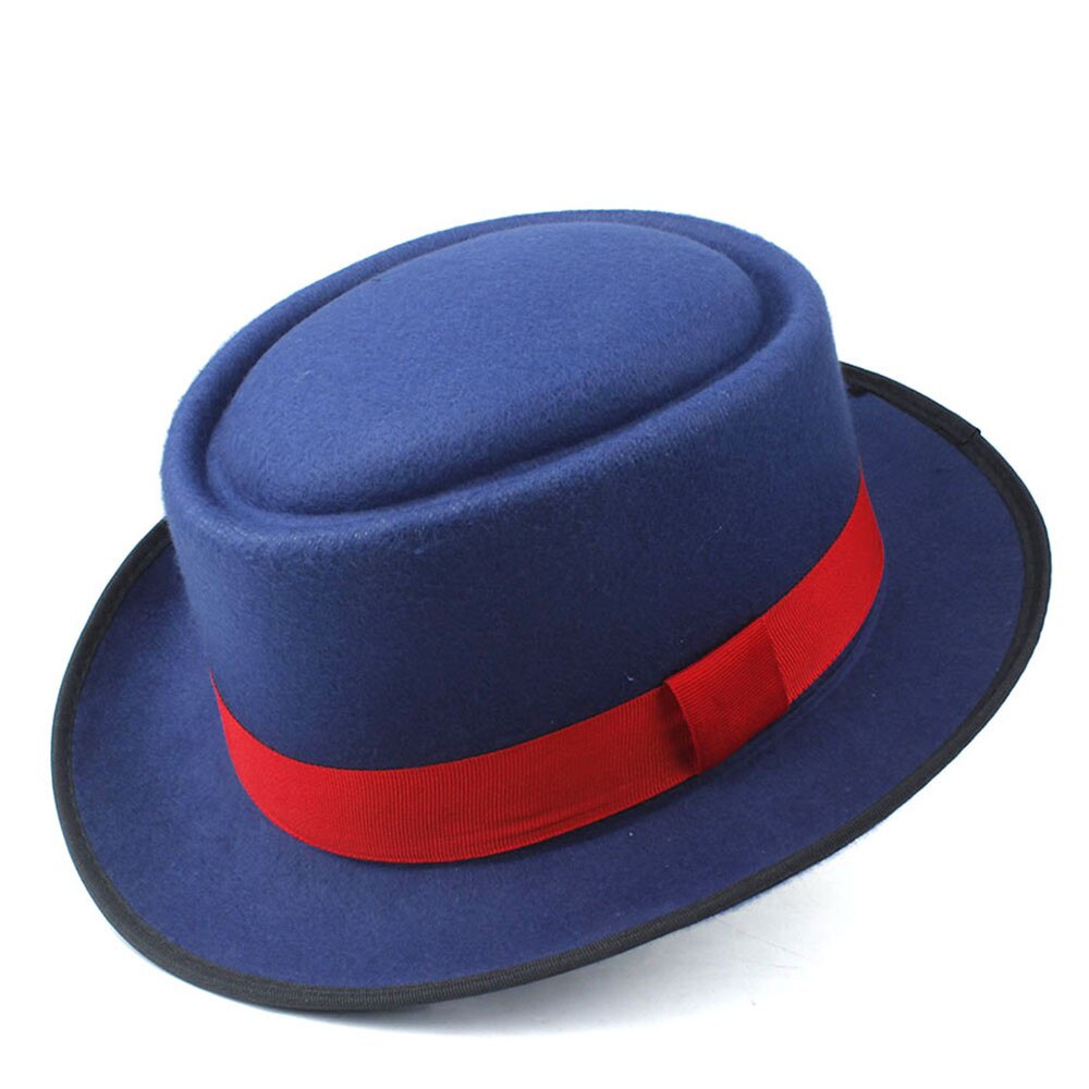 Unisex Men Women Pork Pie Hat with Red Ribbon Pop Jazz Hat Wool Flat Fedora Hat Size 58CM: Blue