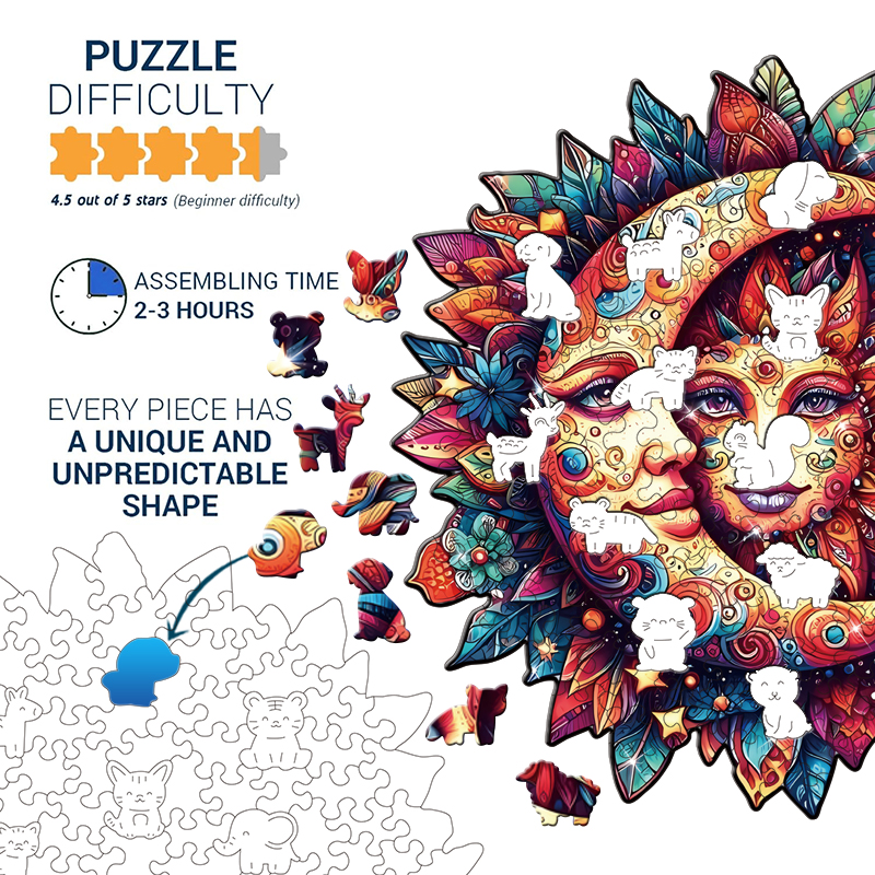 Puzzle in legno Sole e Luna per adulti, pezzi dalla forma unica, confezione regalo raffinata, esercizio per il cervello, decorazione per la stanza, regali per le vacanze