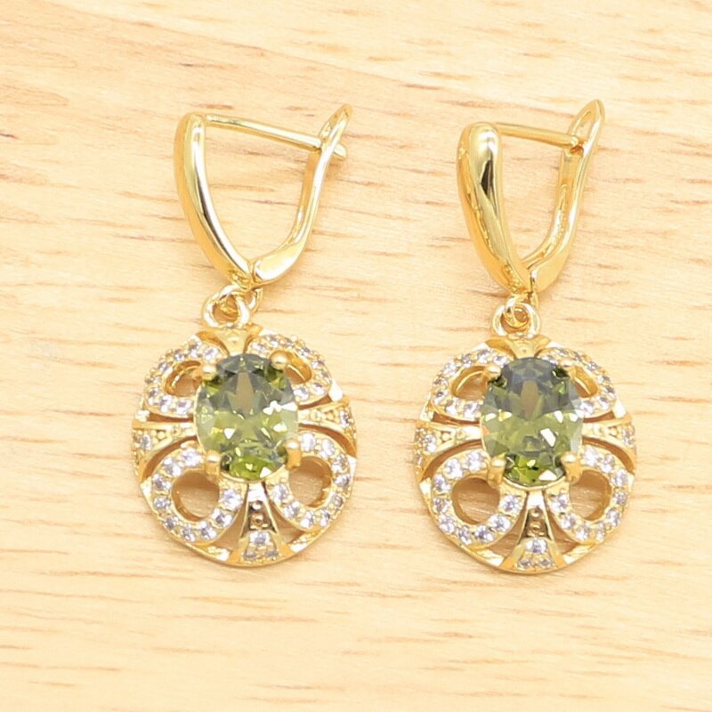 Neue Olive Green Zirkon Gold Farbe Schmuck Sets für Frauen Ohrringe Halskette Anhänger Ringe Box