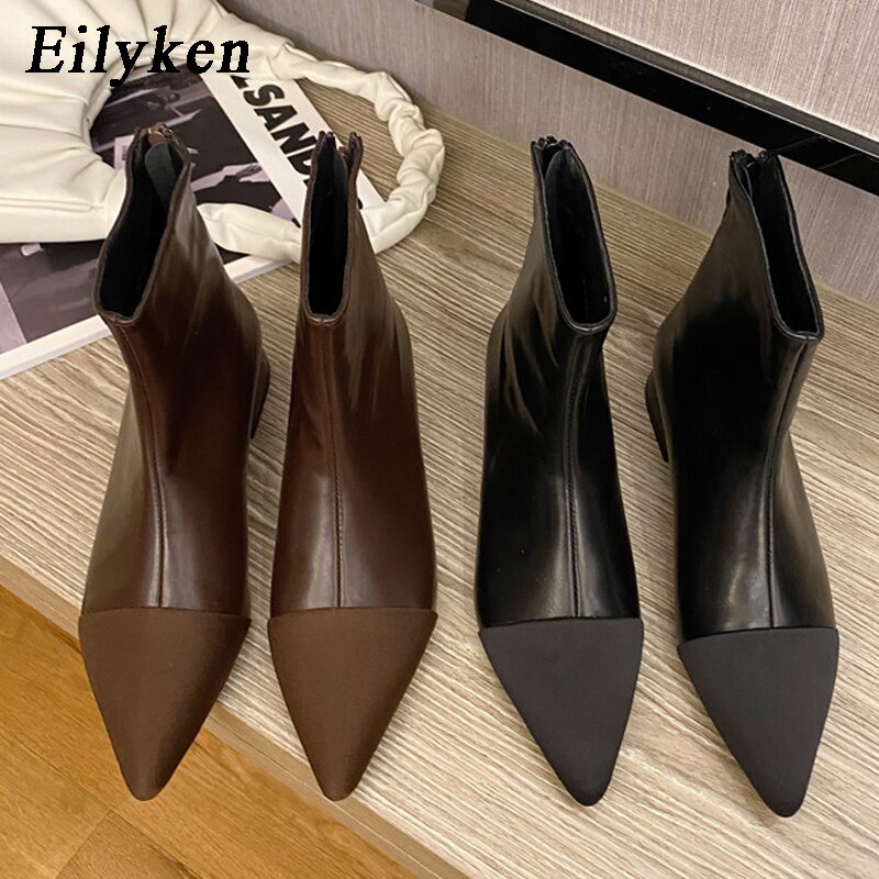 Eilyken kvinnor låg hög klack chelsea boot ankelstövlar med spetsig tå dragkedja fasta platåskor kvinnlig stövel