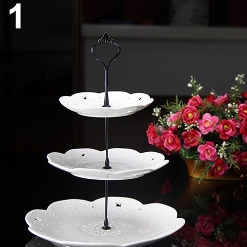 Soporte de 3 niveles con mango de soporte para bandeja de pastel, decoraciones de mesa para fiestas, postre, estante para platos, bandeja de fruta: Black