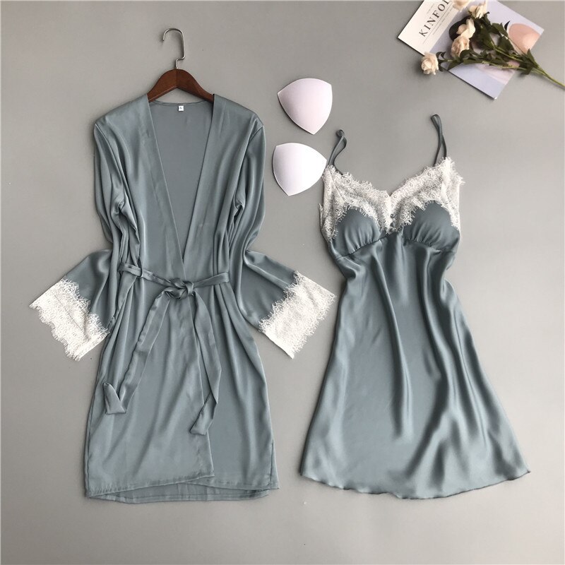 Sexy Robes ensembles solide Kimono 2 pièces Robe Peignoir vêtements de nuit Peignoir Robes de mariée en dentelle Robes de demoiselle d'honneur H174