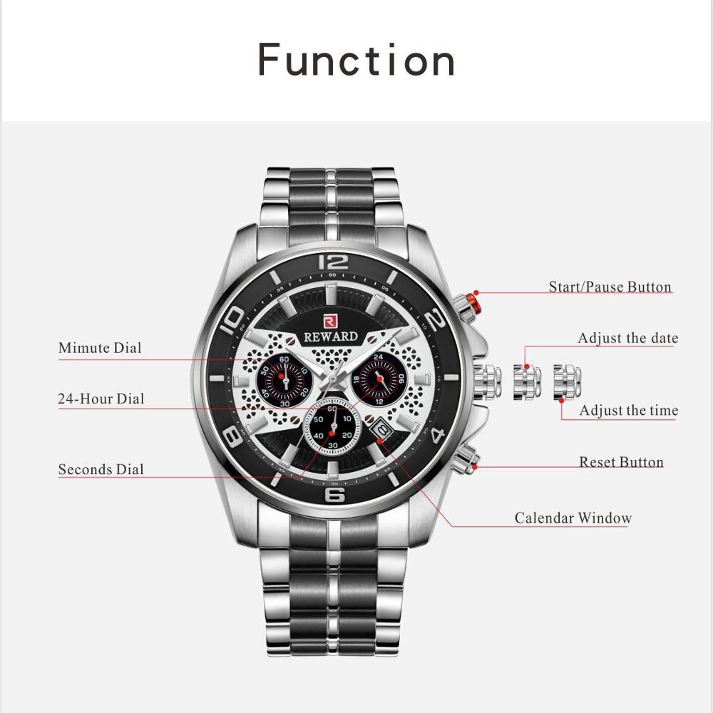 Reward sport chronograaf herenhorloges volledig stalen quartzhorloge grote wijzerplaat waterdicht horloge heren gouden polshorloges relogio masculino