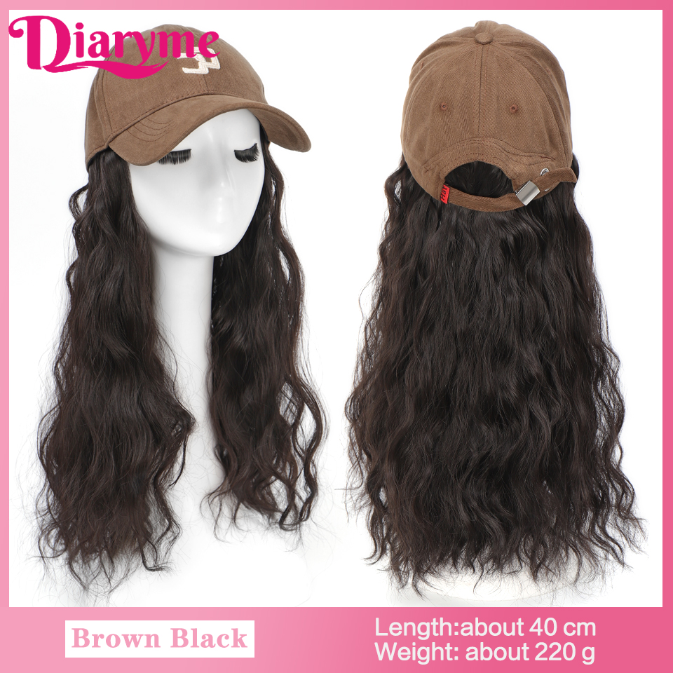 Peluca de sombrero sintético, peluca de pelo largo y liso con gorra de béisbol, gorra ajustable de una sola pieza, gorra de béisbol Retro, conectar pelo recto: Negro