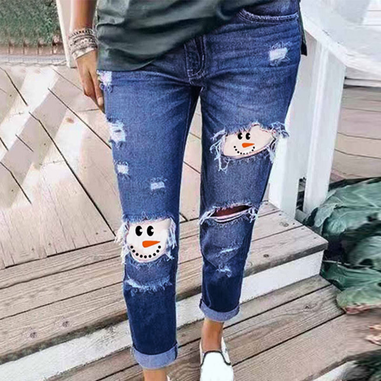 Pantalon femme grande taille jean bonhomme de neige imprimé déchiré jean pantalon en détresse cousu jean coupe crayon pantalon