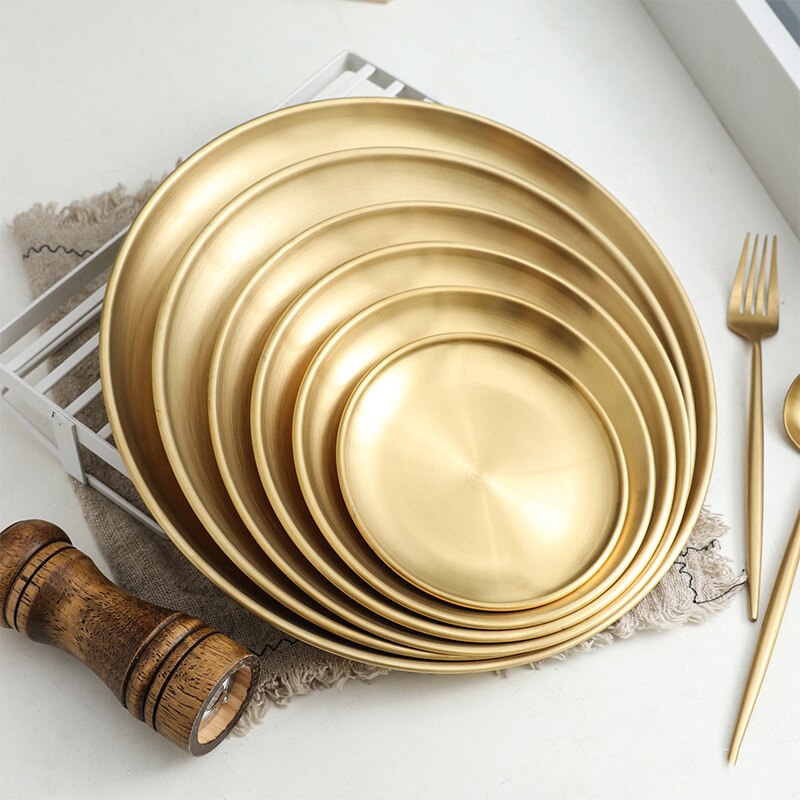 European Style Dinner Plates Gold Dining Plate Serving Dishes Round Plate Cake Tray Western Steak Round Tray Kitchen Plates