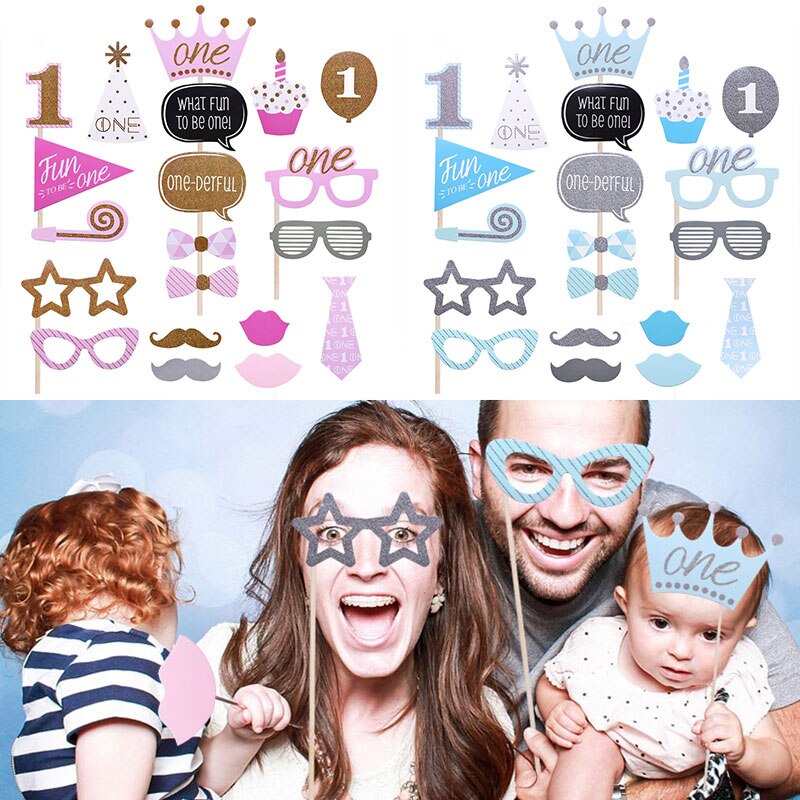 Accesorios de fotomatón para de cumpleaños de niño y niña, suministros de decoración para Celebración de bebé, primer cumpleaños, 20 Uds.