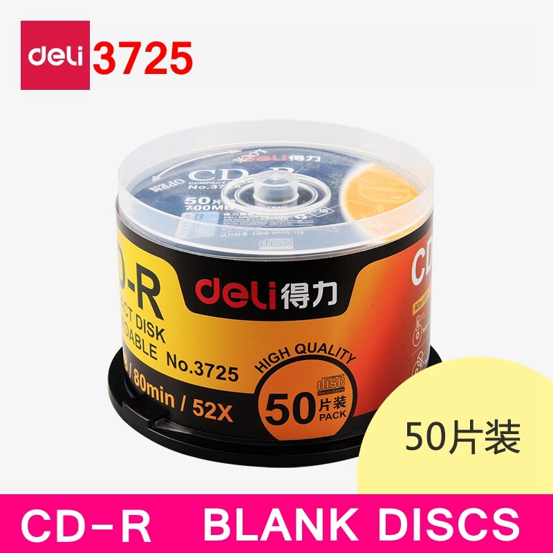 Deli 50 unids/lote Deli 3725 CD-R discos en blanco grabable DISCO COMPACTO 700MB/80min/52x CD-R discos en blanco