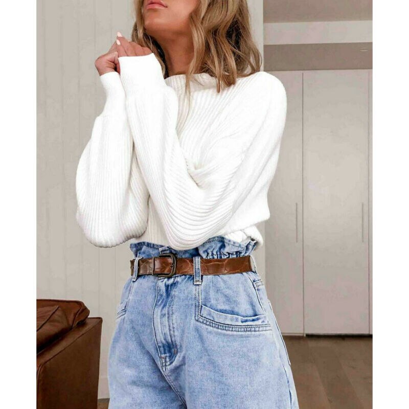 Otoño Invierno mujeres suéter de jerséis sueltos de punto elástico Jumper Slim medio cuello de tortuga mujer Blanco sólido suéteres Tops
