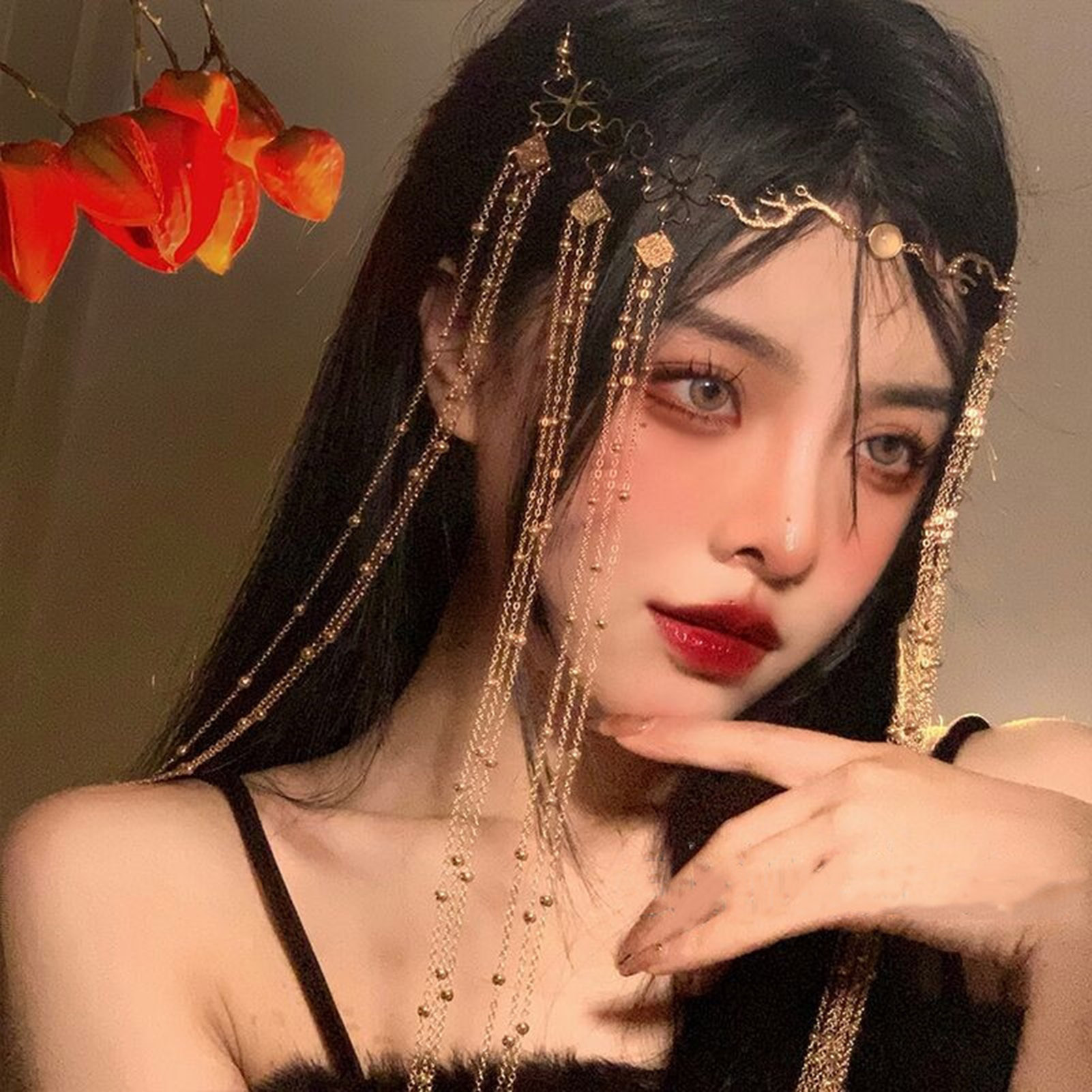 Accesorios para el cabello de joyería de lujo para mujer, cadena para la frente con borla de flores en forma de gota de agua, colgante para el cabello con piedras preciosas rojas sexys, horquilla