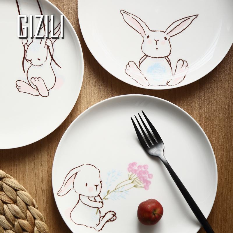 8 Inch Ceramic Dinner Plate Rabbit Animal Dinner Dishes Pasta Steak Dessert Plates Fruit Snack Dish Fine Bone China Kitchenware