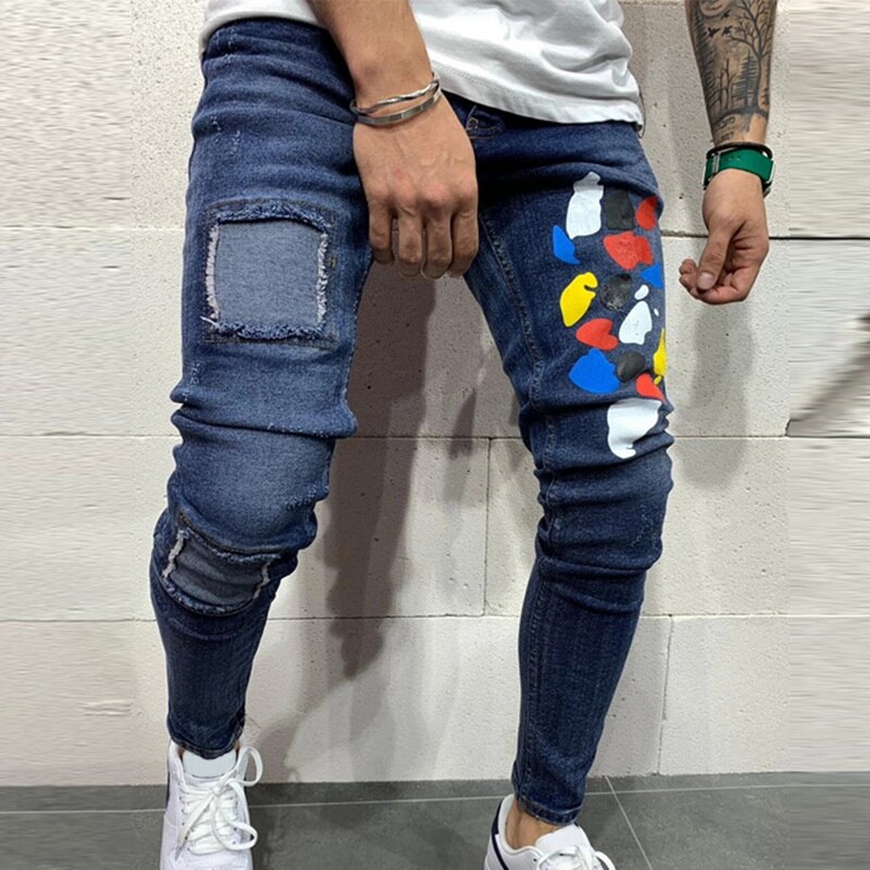 HEFLASHOR hommes déchiré jean coupe ajustée Denim pantalon motard Hip Hop jean trou scotché coloré point imprimé maigre en détresse Denim pantalon