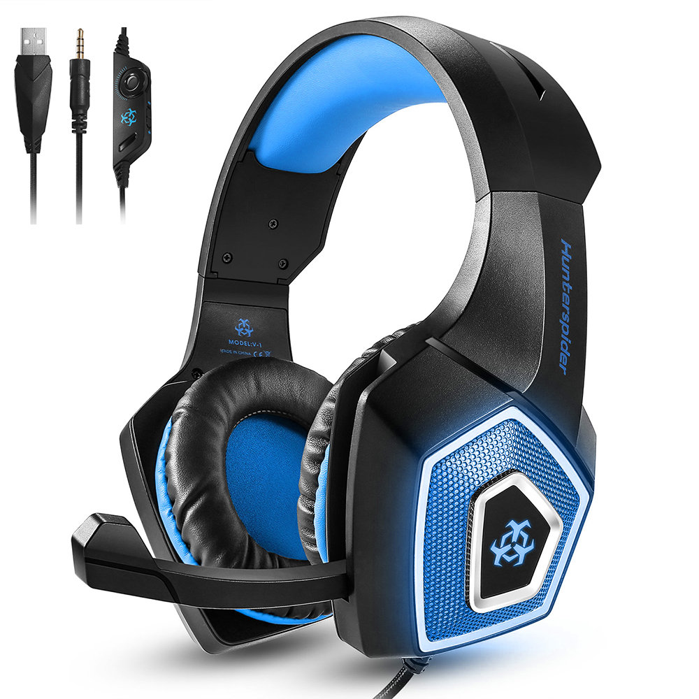 Hunterspider V1 Gaming Headset hoofdtelefoon wired controle met Microfoon LED Licht Casque Gamer Headset voor PC PS4 Xbox een: Blauw