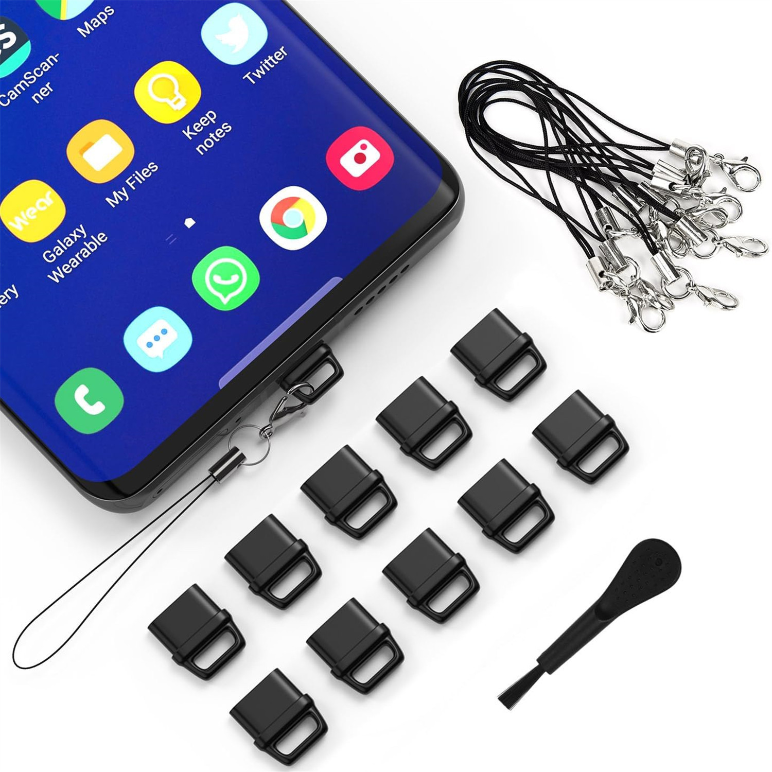 Zestaw wtyczek przeciwpyłowych robić telefonu Osłona wtyczki przeciwpyłowej USB C, zestaw smyczy i szczotki robić czyszczenia Środek robić czyszczenia portu ładowania: szary