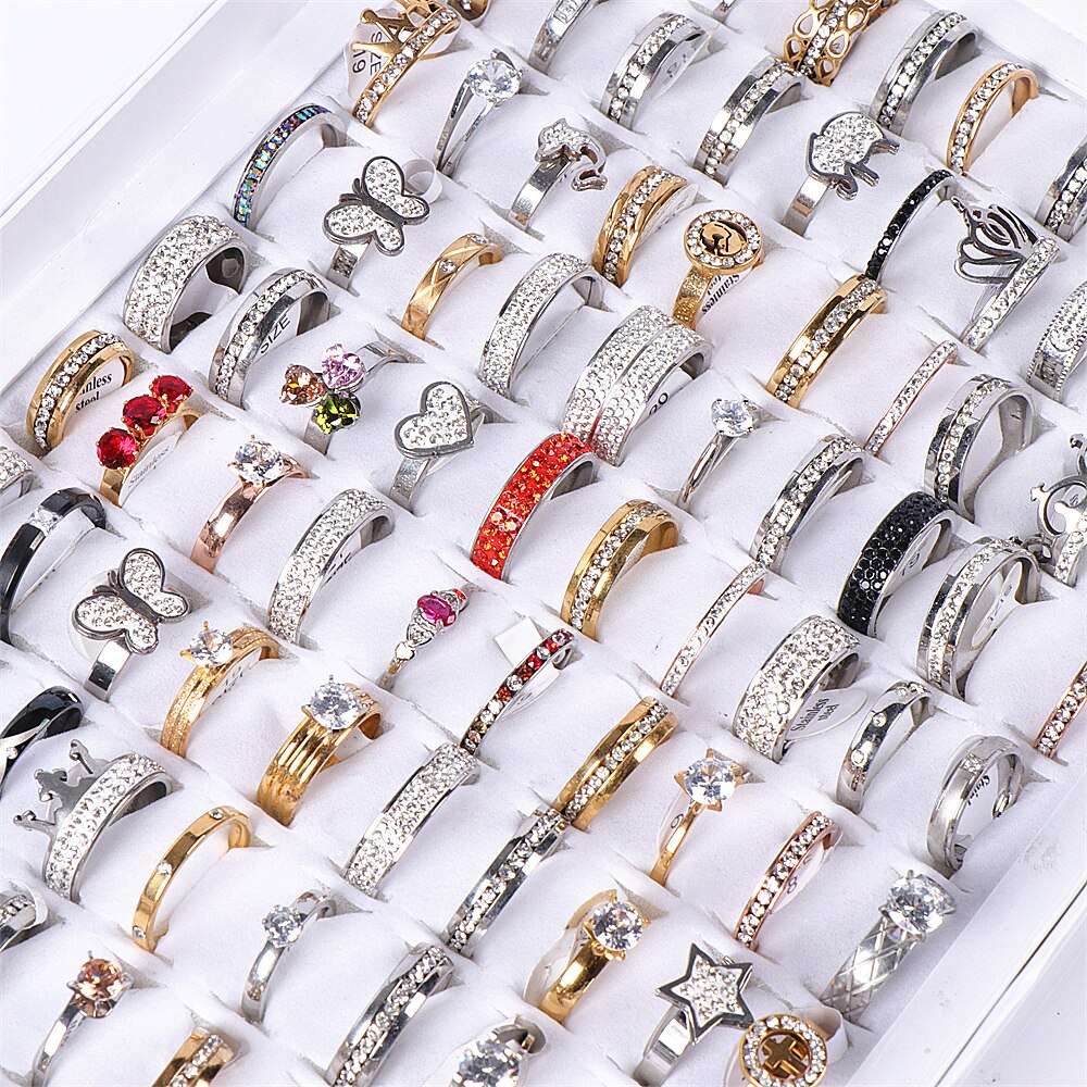 20 Stks/partij Kleurrijke Crystal Rhinestone Rvs Hart Liefde Ringen Voor Vrouwen Mix Stijl Bruiloft Sieraden