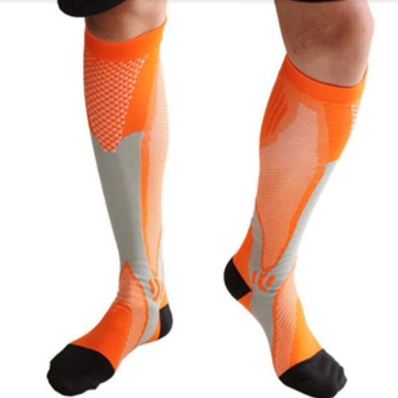Masculino feminino compressão meias esporte ao ar livre correndo basquete meias de futebol náilon estiramento meias altas meias de futebol: Orange Yellow / XXL