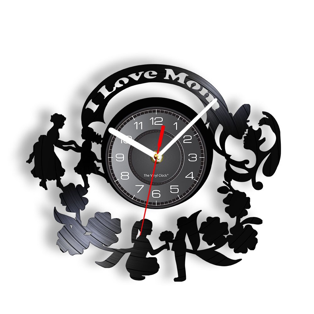 I Love Mom Wall Sign Wall Clock Mom Day Vintage Vinyl Record Wall Clock Mother and Kids with Flowers Home Decor Mothers Day: Without LED