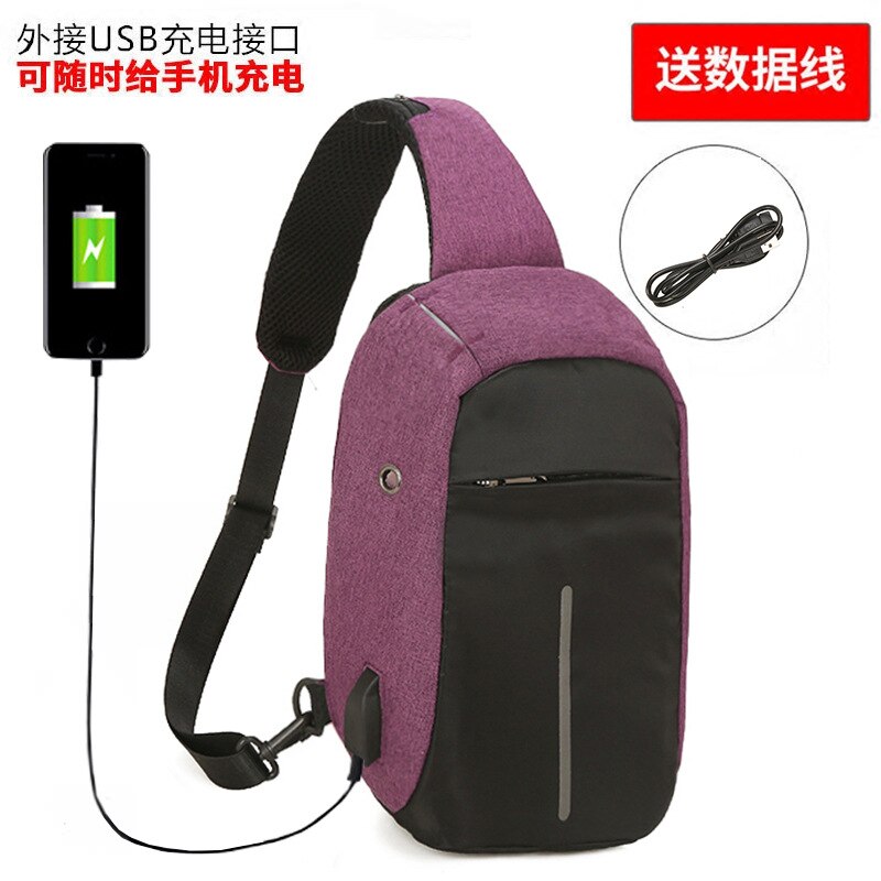 Anti-theft Waterproof Invisible Zipper Women Chest Bag Official Document Business Multifunction USB Port Oblique Satchel Bag: Purple