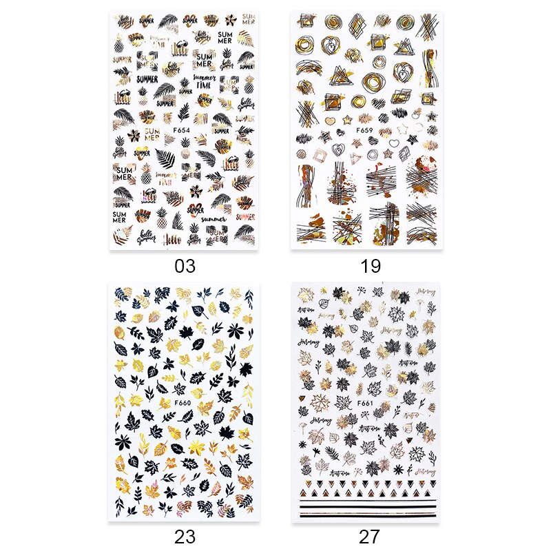 4 stk sommer nail art klistermærker blade bogstav geometrisk 3d selvklæbende skyder negle dekoration guld sort hvid manicure folie sæt: 08