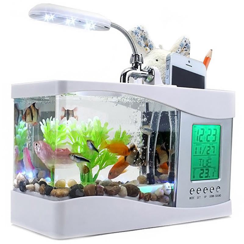 Aquarium Zwart/Wit Usb Mini Aquarium Aquarium Aquarium Met Led Lamp Licht Lcd-scherm Klok Aquarium aquarium: 1