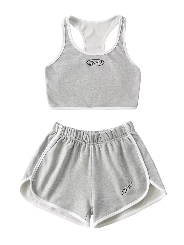 Tangada Tracksuits Two Piece Set White Tank and Shorts 2T83: L / Light Grey