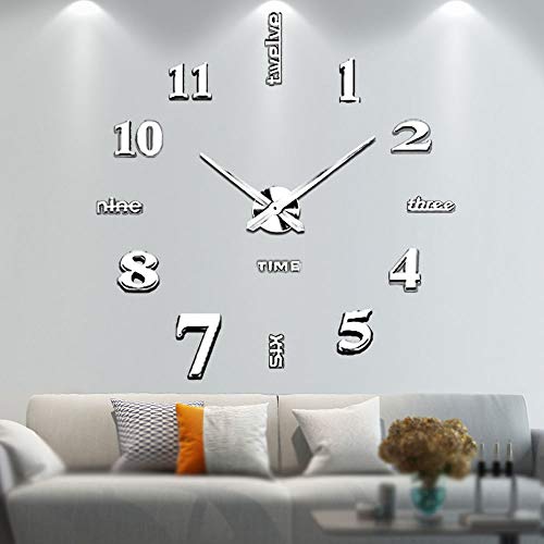 Rammeløs diy digital veggklokke 3d akryl speil veggur stor stum vegg klistremerker til stue soverom hjemme dekorasjoner: Sølv -14