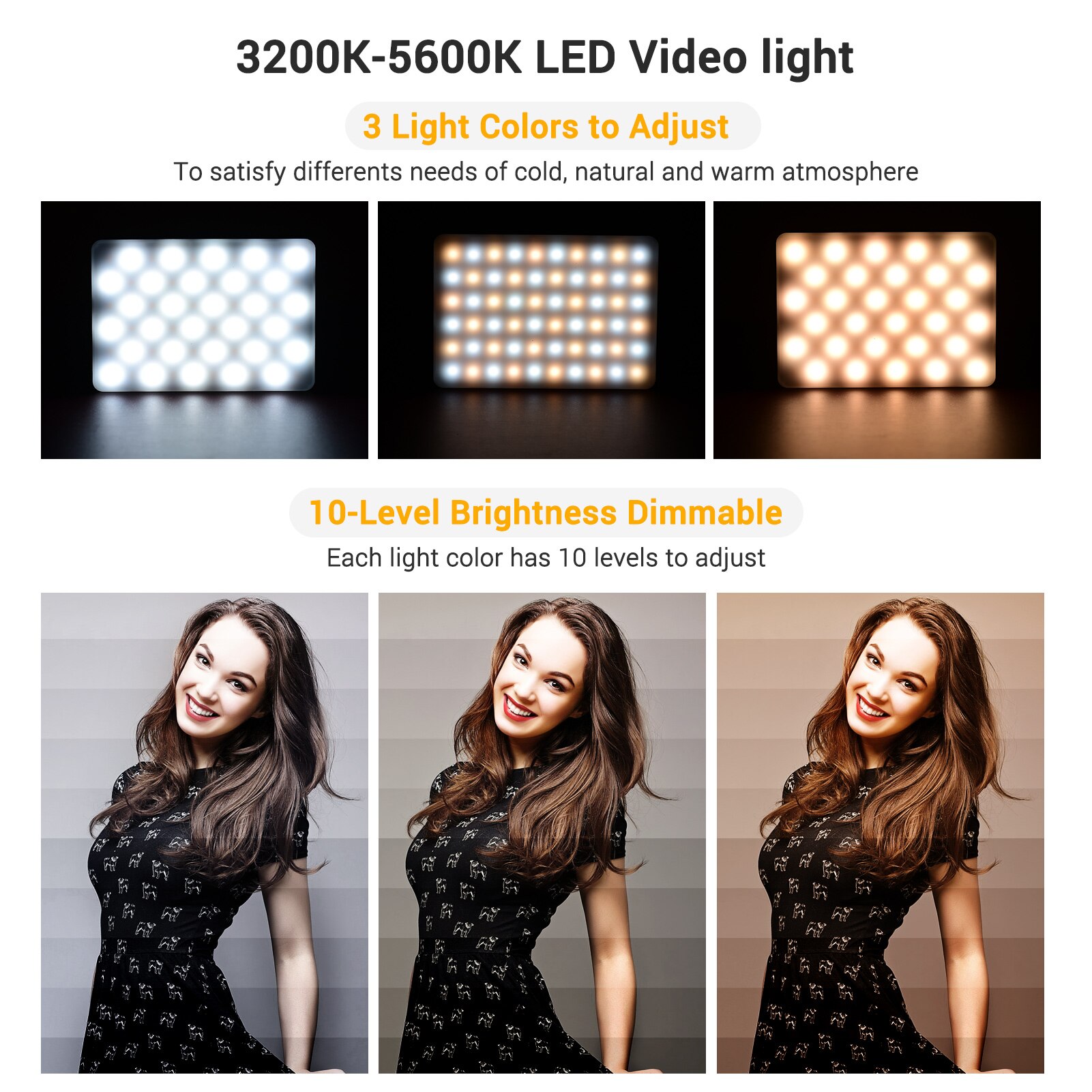 3-in-1 Clip-on Video LED Light 4W 3200K-5600K 3-color 10-Level Dimmable CRI95+ with Phone Holder Cold Shoe Mount for Video Vlog