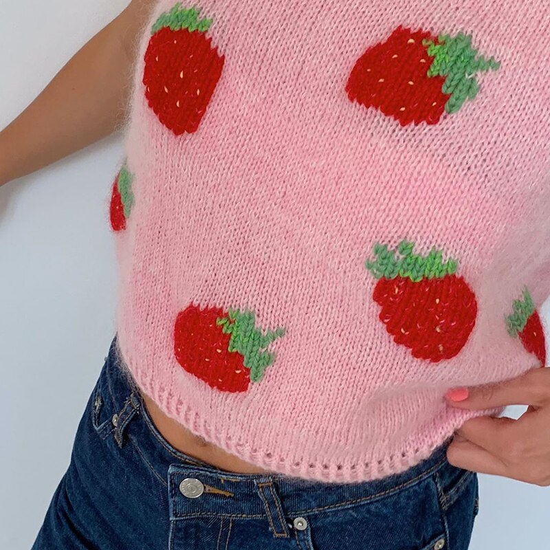 Such cute e girl tröja vest v neck argyle sleevelss strawberry stickad västar kvinnor y2k preppy stil crop top höst söt rosa: S