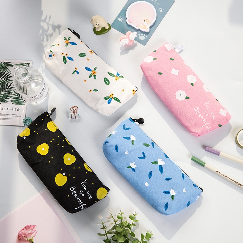 1 unidad de estuche de lápices Kawaii, bolsa de lápices de lona para plantas y flores, gran bolsa de almacenamiento, artículos de papelería para estudiantes útiles escolares para niños, para niños