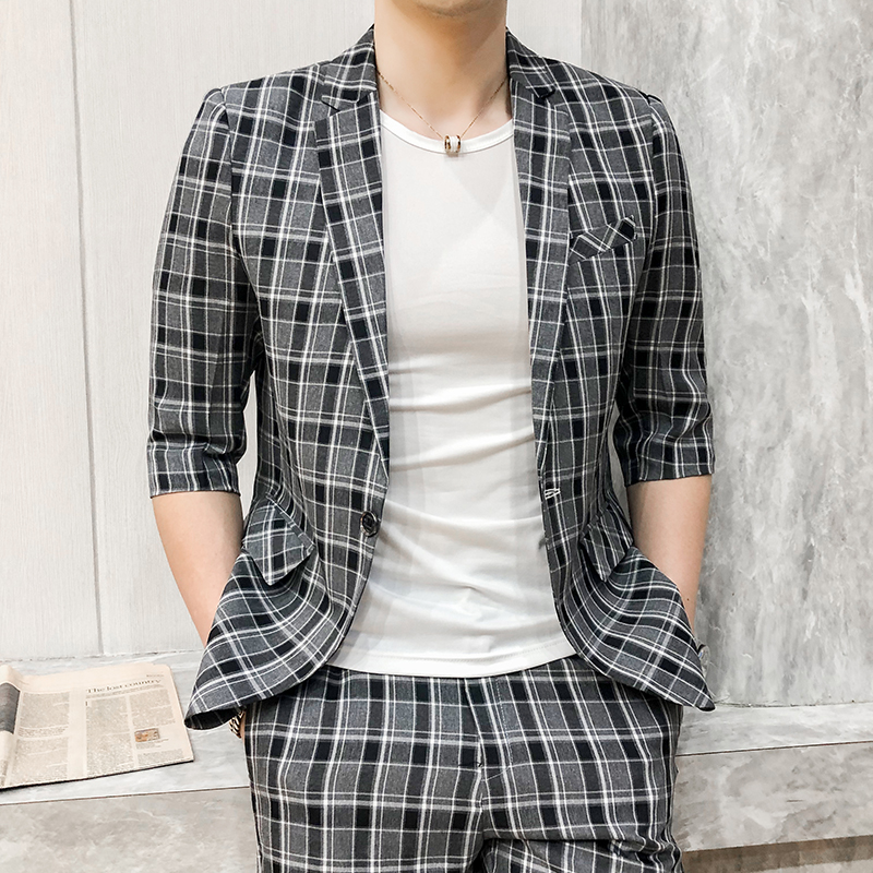 Men's Half Sleeve Blazer Suit Two Piece Set Jacket Pants British Style Slim Fit Plaid Business Dress Coat Trousers