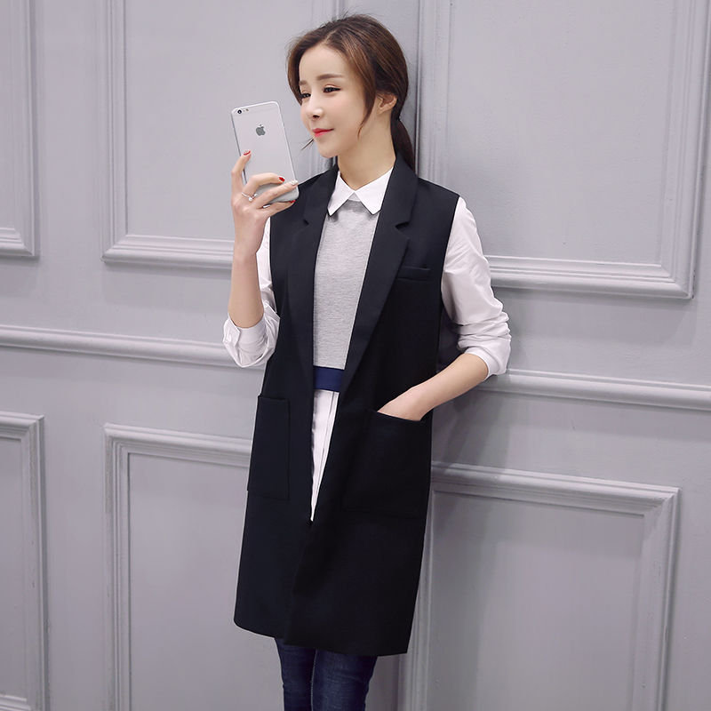 Novedad , chaleco para mujer, chaqueta de otoño, chaleco de , bolsillos, puntada abierta, sin mangas, cuello vuelto, chaleco largo Formal A187