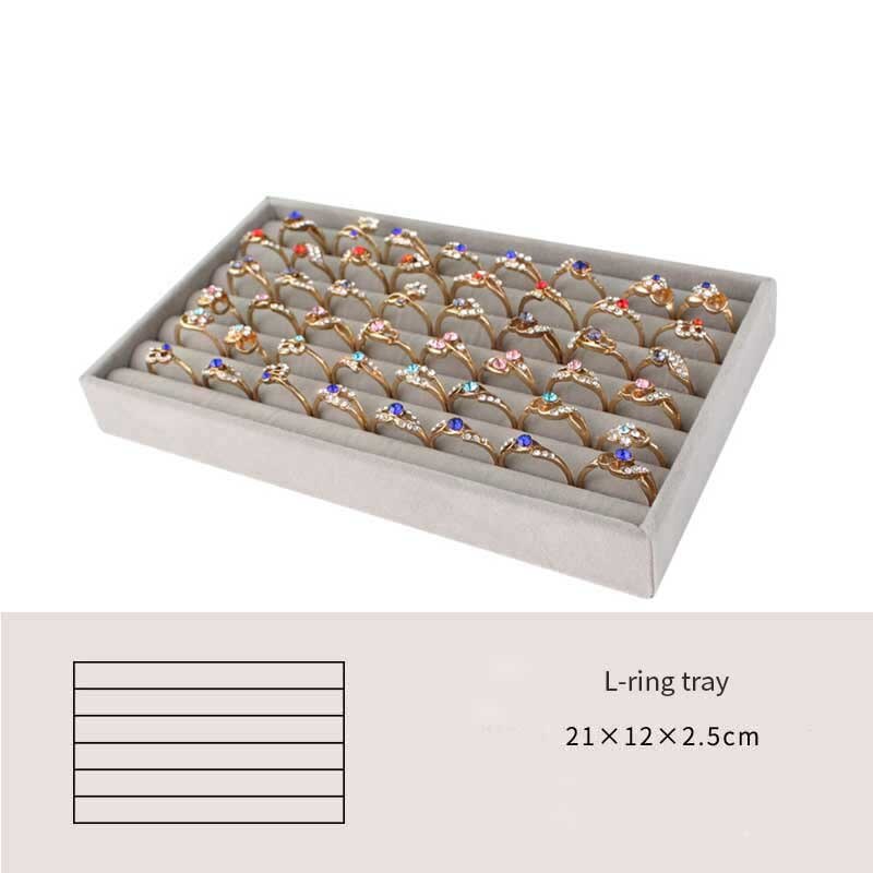 Caja de joyería artesanal hecha a mano, cajón organizador de almacenamiento de joyas de terciopelo suave gris, pendientes, collar, colgante, pulsera, bandeja, 9 opciones: L Ring tray