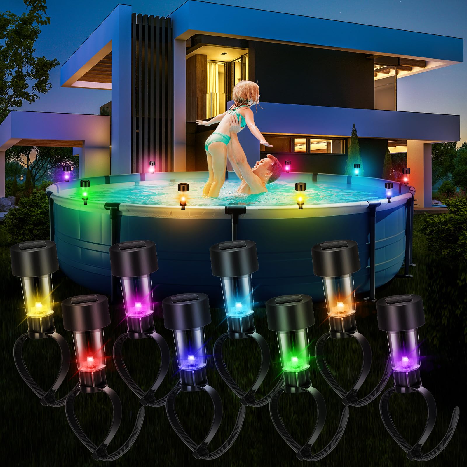 8 lampes solaires pour piscine, lumières étanches, accessoires pour piscine extérieure, lumières colorées et veilleuses: Default Title