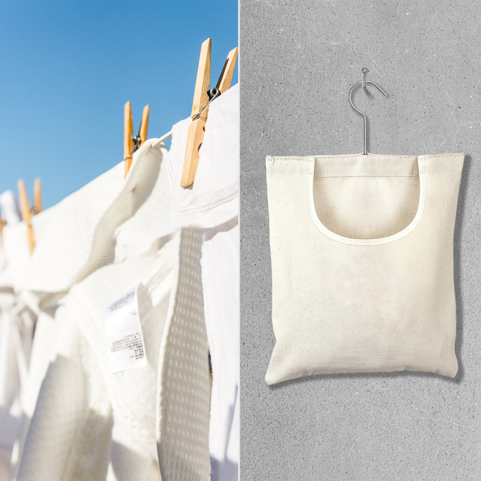 Clothespin Hanging Bag Large Opening Storage Bag with 360 Degree Rotating Hook for Bathroom Balcony