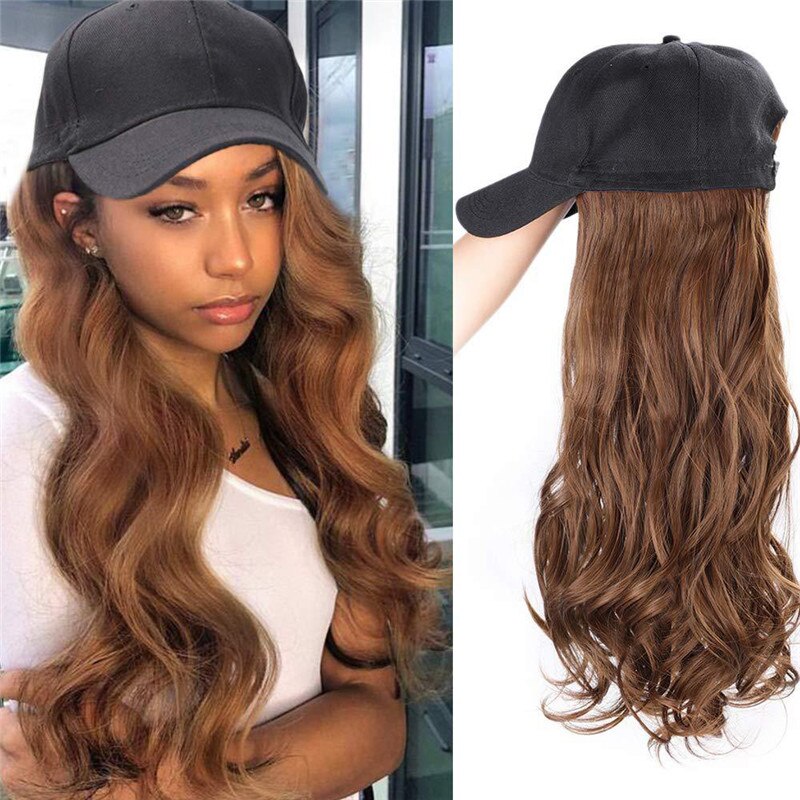 Long Synthetic Baseball Cap Hair Wig Natural Black / Brown Wavy Wigs Naturally Connect Synthetic Hat Wig Adjustable For Girl: Brown