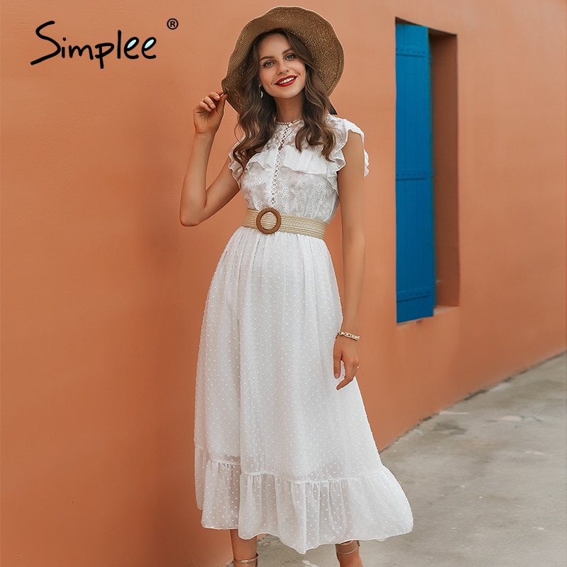 Simplee-Vestido largo de encaje blanco sin mangas para mujer, vestido recto de oficina para mujer, vestido informal de Vestido de cuello redondo