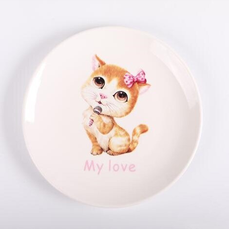 Assiette dessin animé motif chat assiette en céramique 8 pouces plat blanc impression plaque moderne maison vaisselle bonbons plateau hambourg assiette: A