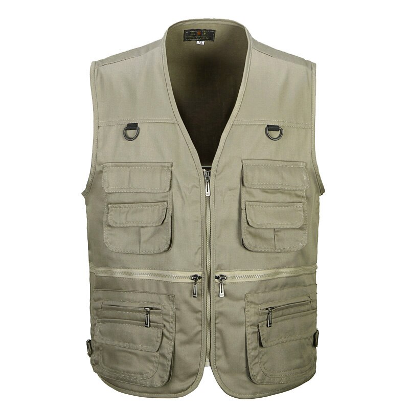 4 kleuren Mannelijke Casual Multi Pocket Vest Voor de Zomer Mannen Effen Fotograaf Schieten Bovenkleding Rits Vest Mouwloze Jas: Khaki Vest / 4XL