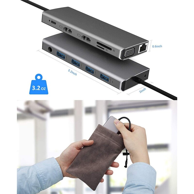 12 in 1 USB Type C Docking Station with Dual 4K HDMI USB3.0 USB2.0 PD Charging VGA RJ45 3.5mm Jack and dual TF/SD Card Slot USB